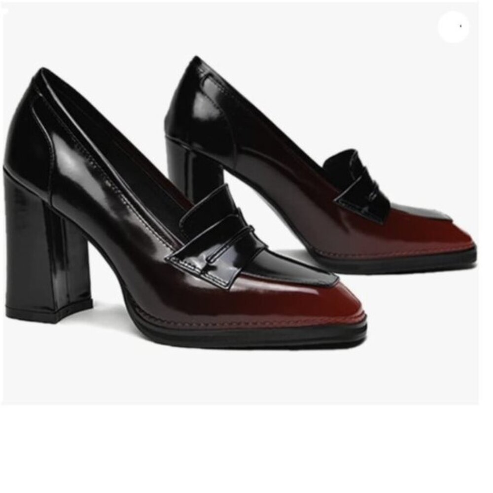 FOWT  High Block Heels Loafers for Women Classical Square Toe Pumps Black Red